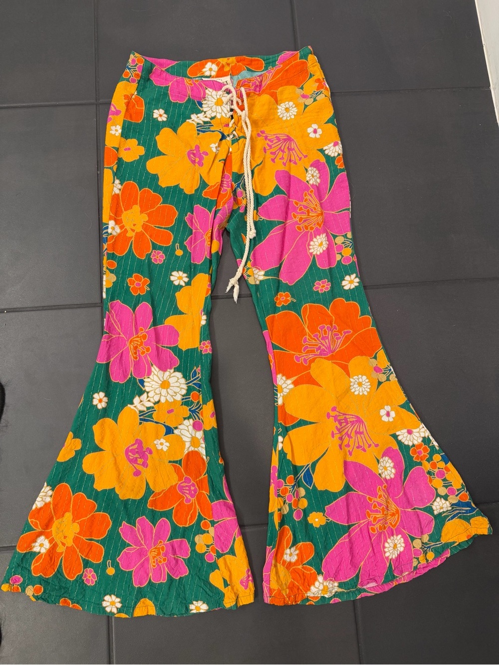 Green Floral Boot-Cut Pants with Drawstring Waist